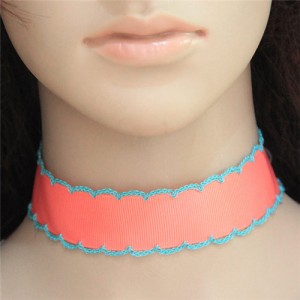 Contrast Color Threads Rimmed Fashion Cloth Choker Necklet - Pink