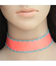 Contrast Color Threads Rimmed Fashion Cloth Choker Necklet - Pink
