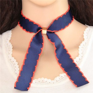Lace Decorated Dark Blue Bowknot Short Choker Necklace