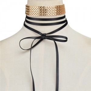 Golden Alloy Choker with Leather Bowknot Combo Design Fashion Necklace