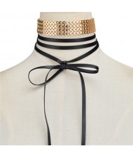 Golden Alloy Choker with Leather Bowknot Combo Design Fashion Necklace