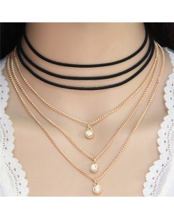 Gem Embellished Triple Layers Alloy and Rope Combo Design Women Fashion Necklace