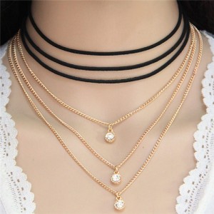 Gem Embellished Triple Layers Alloy and Rope Combo Design Women Fashion Necklace