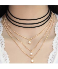 Gem Embellished Triple Layers Alloy and Rope Combo Design Women Fashion Necklace