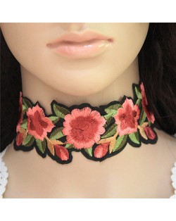 Embroidered Roses High Fashion Cloth Choker Necklace