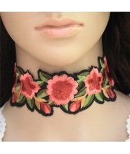 Embroidered Roses High Fashion Cloth Choker Necklace