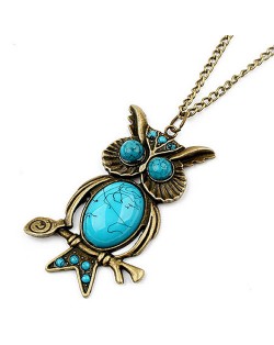 Gem Embellished Vintage Night Owl Pendant Fashion Necklace - Teal
