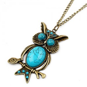 Gem Embellished Vintage Night Owl Pendant Fashion Necklace - Teal