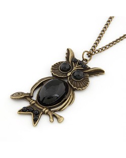 Gem Embellished Vintage Night Owl Pendant Fashion Necklace - Black