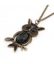 Gem Embellished Vintage Night Owl Pendant Fashion Necklace - Black