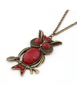 Gem Embellished Vintage Night Owl Pendant Fashion Necklace - Red