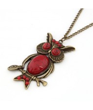 Gem Embellished Vintage Night Owl Pendant Fashion Necklace - Red