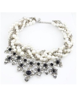 Pearl Cluster Attached Multi-layer Chain Rhinestone Embellished Floral Fashion Short Costume Necklace