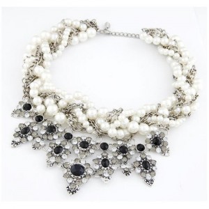 Pearl Cluster Attached Multi-layer Chain Rhinestone Embellished Floral Fashion Short Costume Necklace