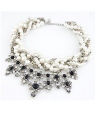 Pearl Cluster Attached Multi-layer Chain Rhinestone Embellished Floral Fashion Short Costume Necklace