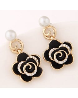 Czech Rhinestone Embellished Delicate Graceful Roses Fashion Stud Earrings - Black