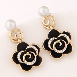 Czech Rhinestone Embellished Delicate Graceful Roses Fashion Stud Earrings - Black