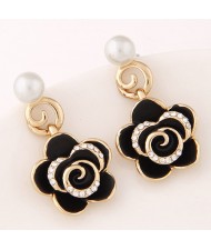 Czech Rhinestone Embellished Delicate Graceful Roses Fashion Stud Earrings - Black