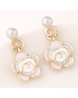 Czech Rhinestone Embellished Delicate Graceful Roses Fashion Stud Earrings - White