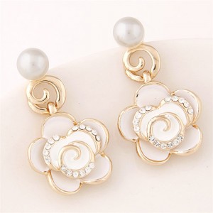 Czech Rhinestone Embellished Delicate Graceful Roses Fashion Stud Earrings - White