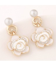 Czech Rhinestone Embellished Delicate Graceful Roses Fashion Stud Earrings - White