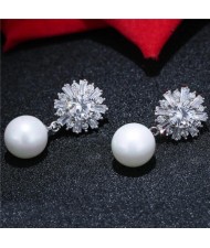 Cubic Zirconia Flower with Dangling Ball Design Fashion Stud Earrings