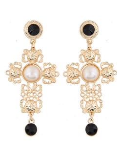 Royal Fashion Floral Hollow Cross Design Golden Stud Earrings