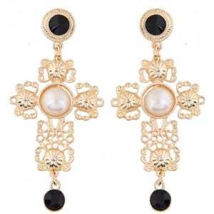 Royal Fashion Floral Hollow Cross Design Golden Stud Earrings