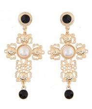 Royal Fashion Floral Hollow Cross Design Golden Stud Earrings