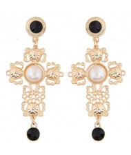 Royal Fashion Floral Hollow Cross Design Golden Stud Earrings