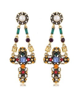 Rhinestone and Gems Inlaid High Fashion Dangling Cross Design Stud Earrings