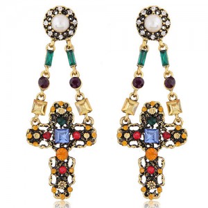 Rhinestone and Gems Inlaid High Fashion Dangling Cross Design Stud Earrings