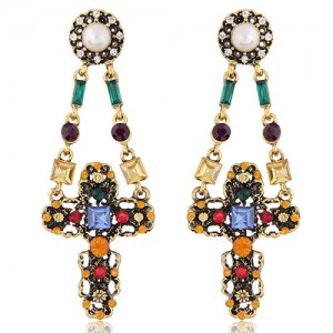 Rhinestone and Gems Inlaid High Fashion Dangling Cross Design Stud Earrings