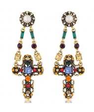 Rhinestone and Gems Inlaid High Fashion Dangling Cross Design Stud Earrings