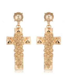 Champagne Rhinestone Inlaid Elegant Cross Design Fashion Stud Earrings