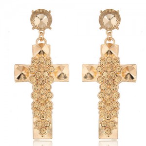 Champagne Rhinestone Inlaid Elegant Cross Design Fashion Stud Earrings