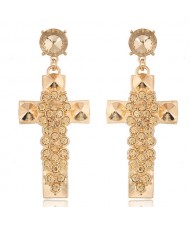 Champagne Rhinestone Inlaid Elegant Cross Design Fashion Stud Earrings