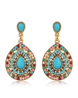 Rhinestone and Assorted Gems Embellished Vintage Waterdrop Design Fashion Earrings - Sky Blue