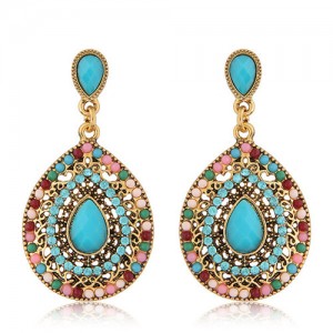 Rhinestone and Assorted Gems Embellished Vintage Waterdrop Design Fashion Earrings - Sky Blue