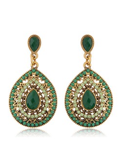 Rhinestone and Assorted Gems Embellished Vintage Waterdrop Design Fashion Earrings - Green