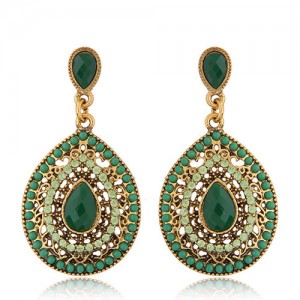 Rhinestone and Assorted Gems Embellished Vintage Waterdrop Design Fashion Earrings - Green