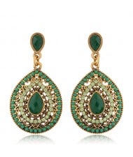 Rhinestone and Assorted Gems Embellished Vintage Waterdrop Design Fashion Earrings - Green