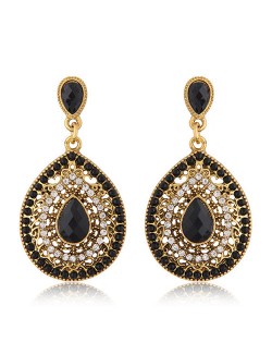 Rhinestone and Assorted Gems Embellished Vintage Waterdrop Design Fashion Earrings - Black