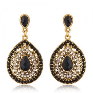 Rhinestone and Assorted Gems Embellished Vintage Waterdrop Design Fashion Earrings - Black