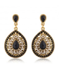 Rhinestone and Assorted Gems Embellished Vintage Waterdrop Design Fashion Earrings - Black