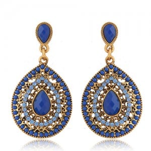 Rhinestone and Assorted Gems Embellished Vintage Waterdrop Design Fashion Earrings - Royal Blue