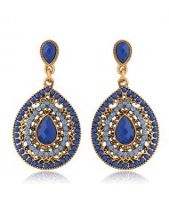 Rhinestone and Assorted Gems Embellished Vintage Waterdrop Design Fashion Earrings - Royal Blue