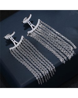 Cubic Zirconia Embellished Curves with Chains Tassel Design Fashion Earrings
