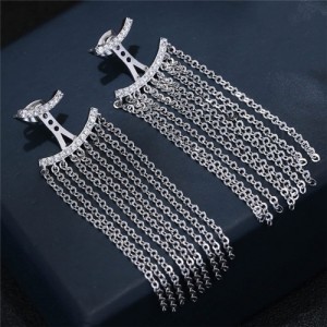 Cubic Zirconia Embellished Curves with Chains Tassel Design Fashion Earrings