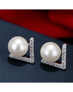 Pearl and Cubic Zirconia Inlaid Unique Elegant Style Women Fashion Stud Earrings - White